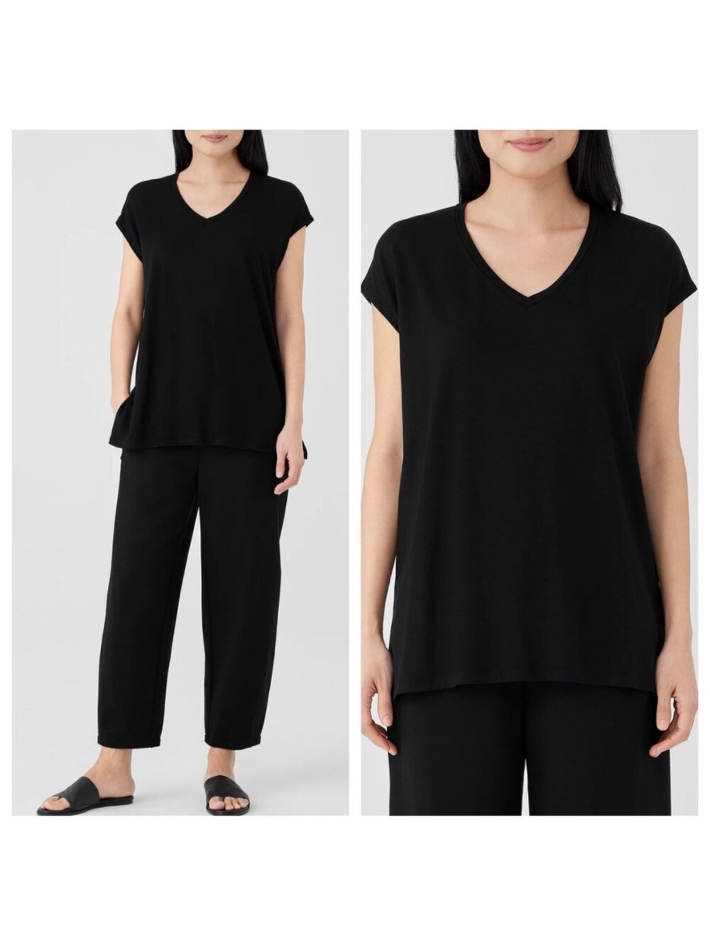 Eileen Fisher‎ Black V-Neck T-Shirt Boxy Size Small Petite